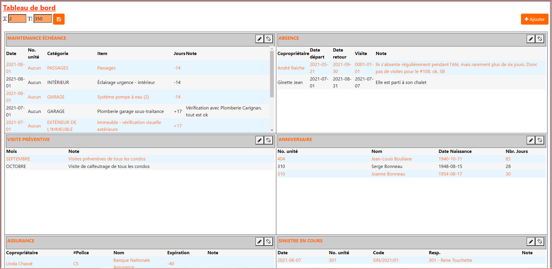 Tableau de bord
